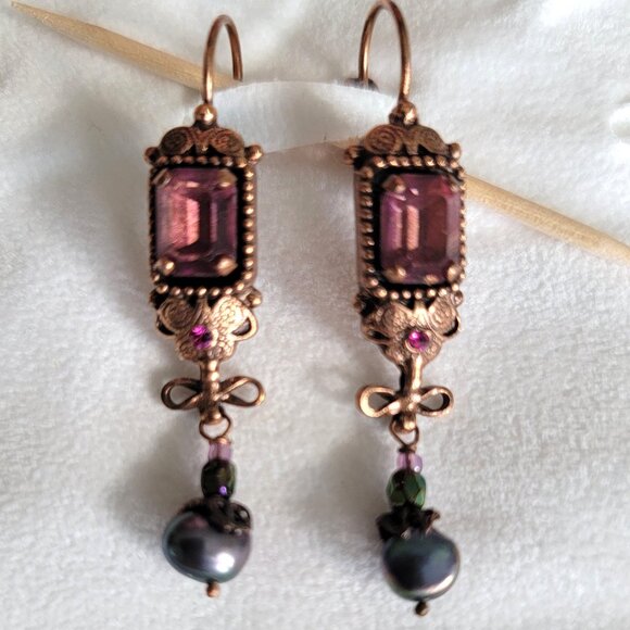 SATELLITE PARIS VINTAGE AMETHYST FACETED GLASS STONE LEVERBACK COPPER EARRINGS - Picture 1 of 6